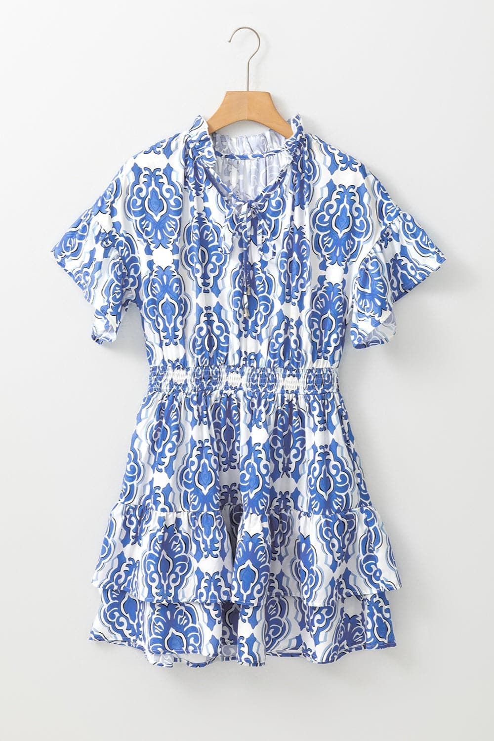 Printed Tie Neck Short Sleeve Mini Dress.