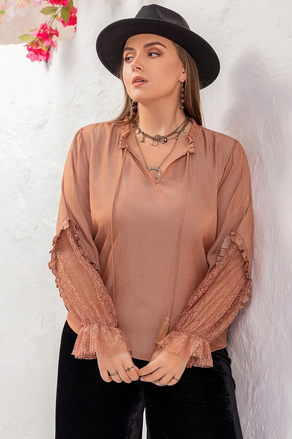 Plus Size Tie Neck Flounce Sleeve Blouse.