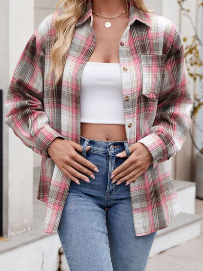 Plaid Collared Neck Long Sleeve Shirt.