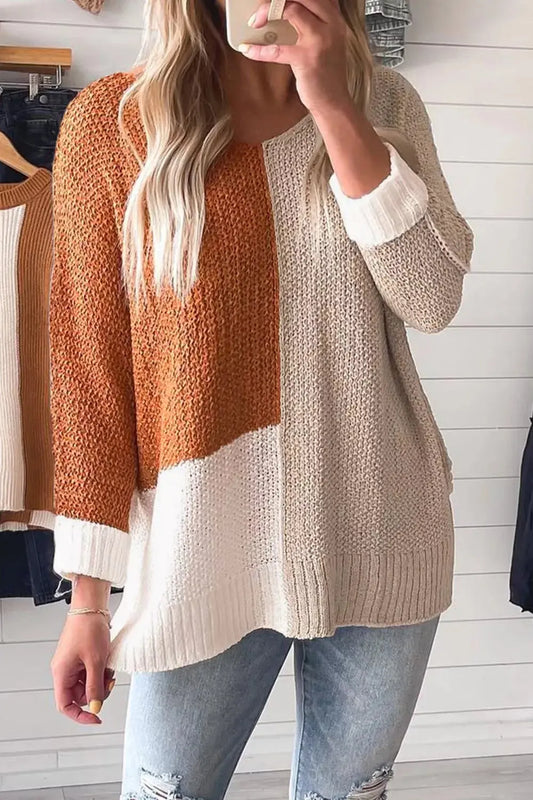 Color Block Knit V Neck Loose Sweater Simply Love