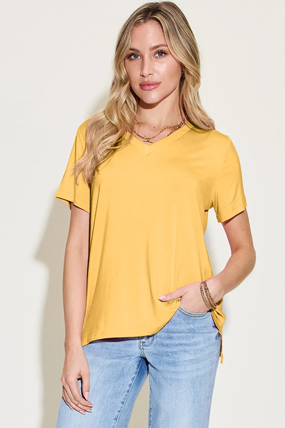 Basic Bae Bamboo Full Size V-Neck High-Low T-Shirt - Love Salve