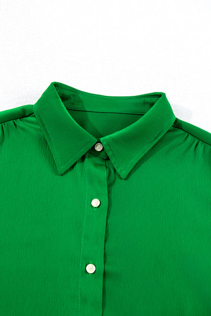 Dark Green Solid Color Flowy Balloon Sleeve Tie Front Buttoned Shirt