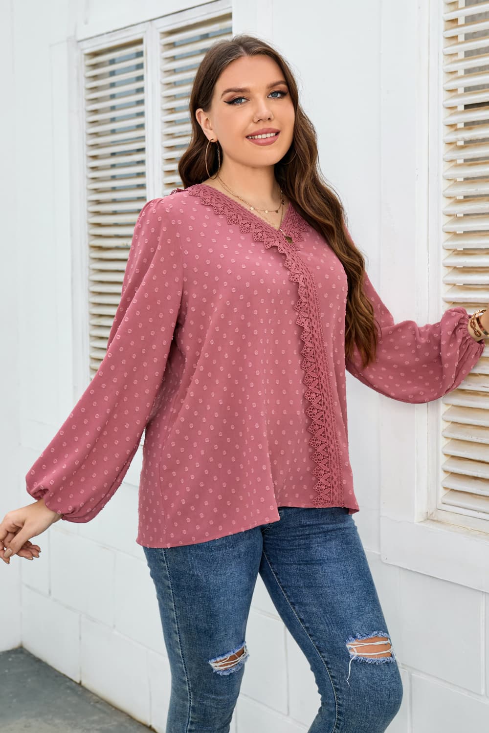 Melo Apparel Plus Size Lace Trim V-Neck Balloon Sleeve Blouse.