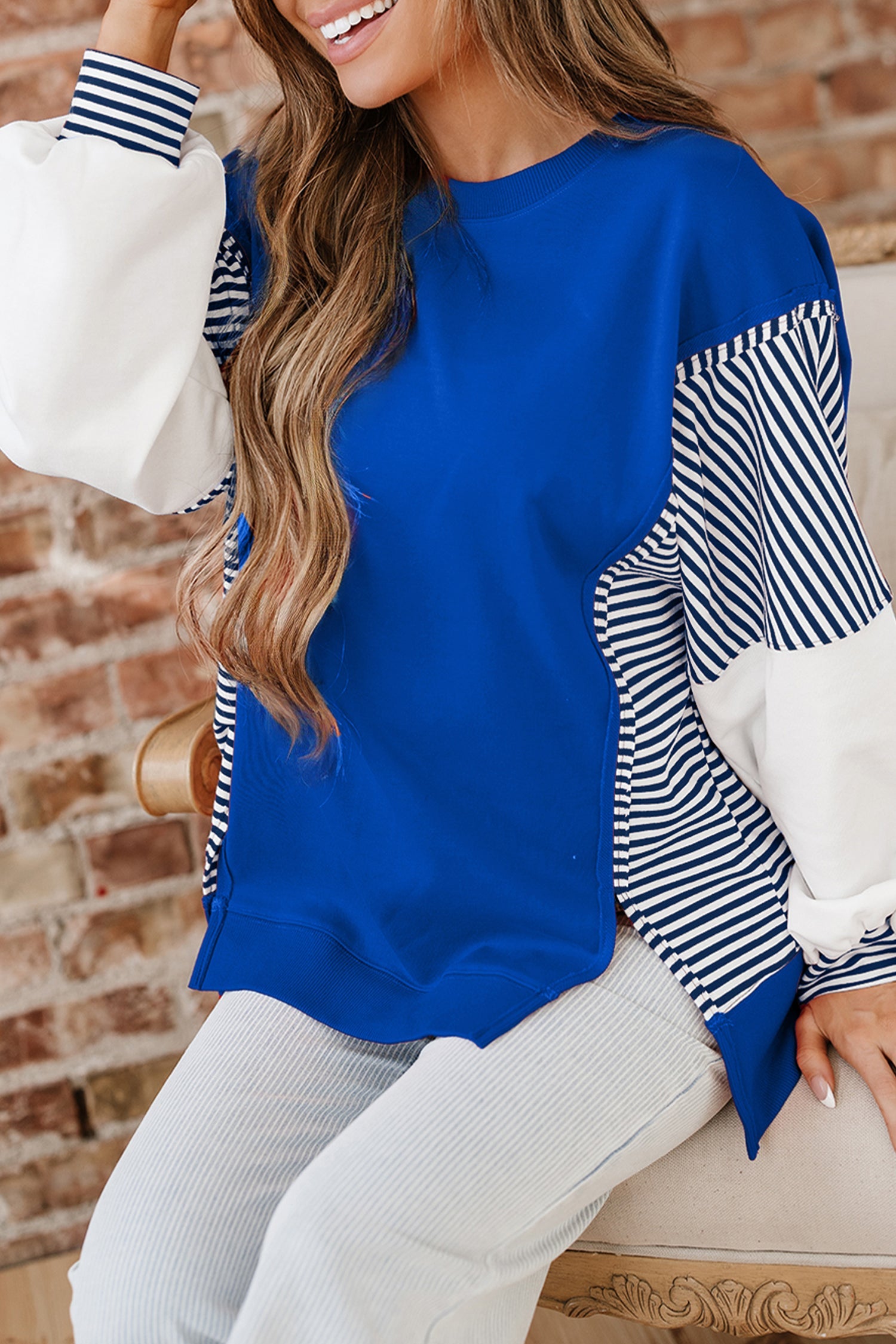 Dark Blue Striped Patchwork Sleeve Colorblock Sweatshirt Dear-Lover Dropshipping