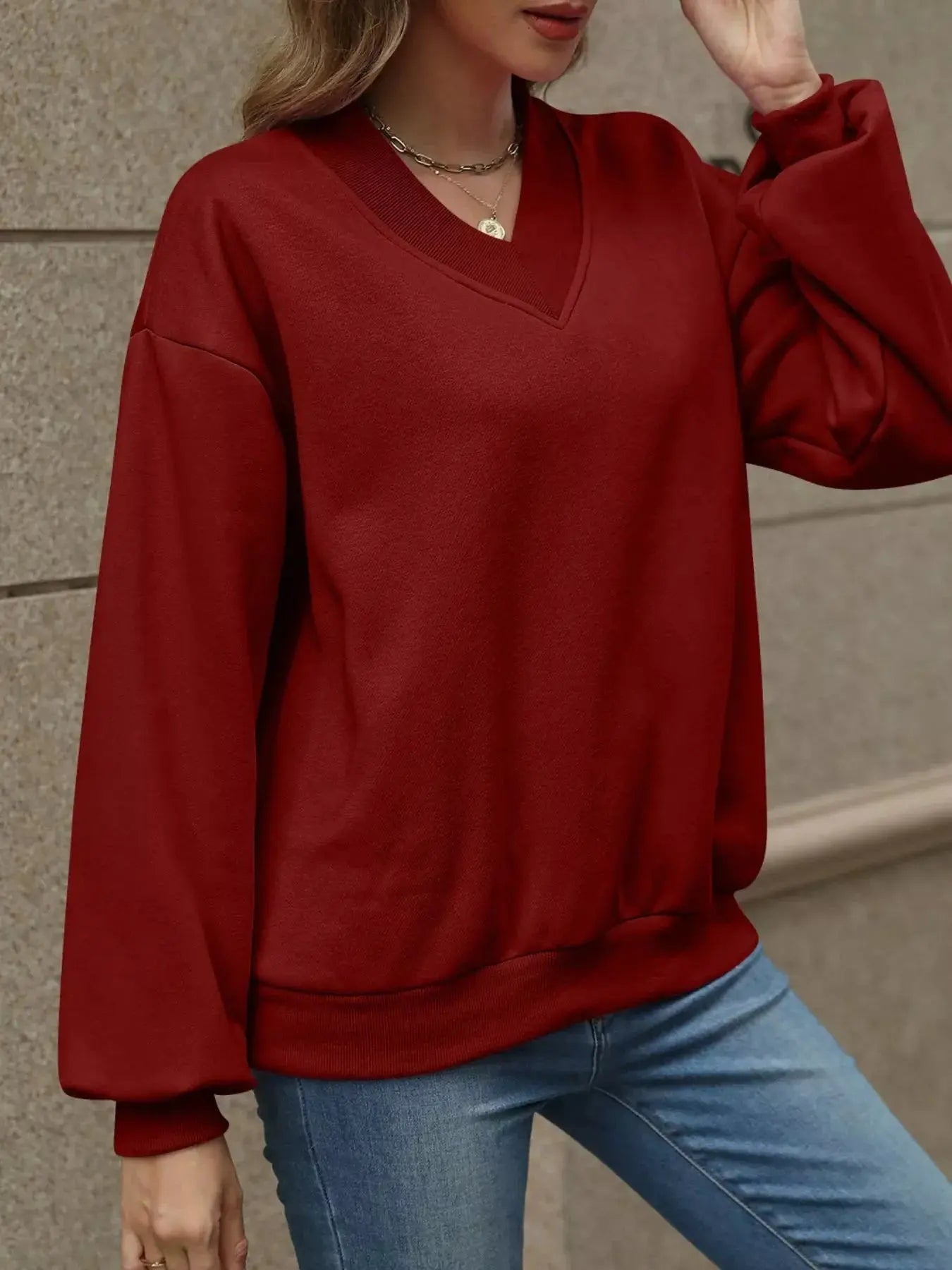 V-Neck Solid Color Casual Sweatshirt Simply Love