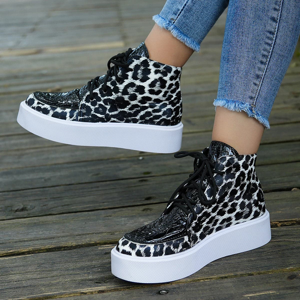 PU Leather Leopard Platform Sneakers.