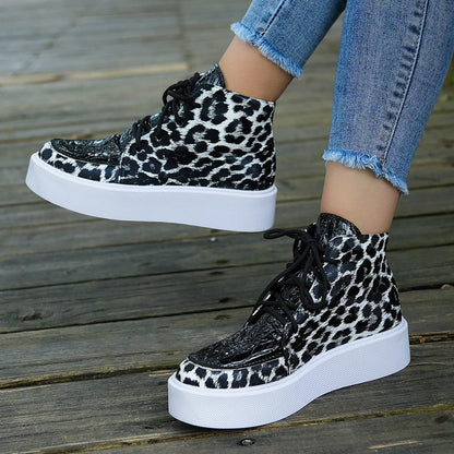 PU Leather Leopard Platform Sneakers.