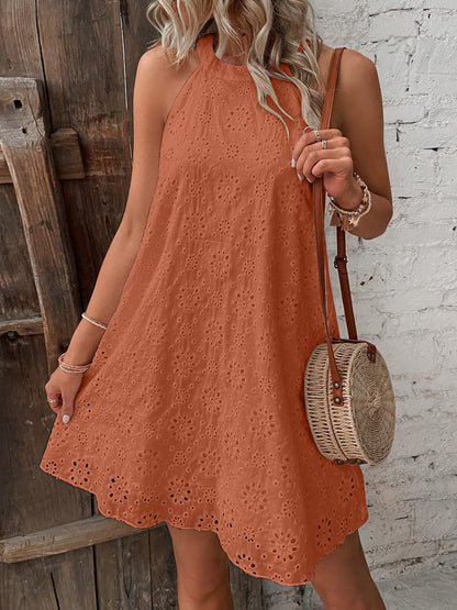 Eyelet Grecian Neck Mini Dress.