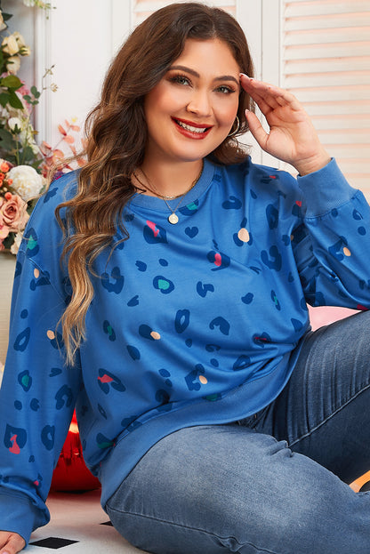 Sky blue leopard print drop shoulder pullover for effortless style