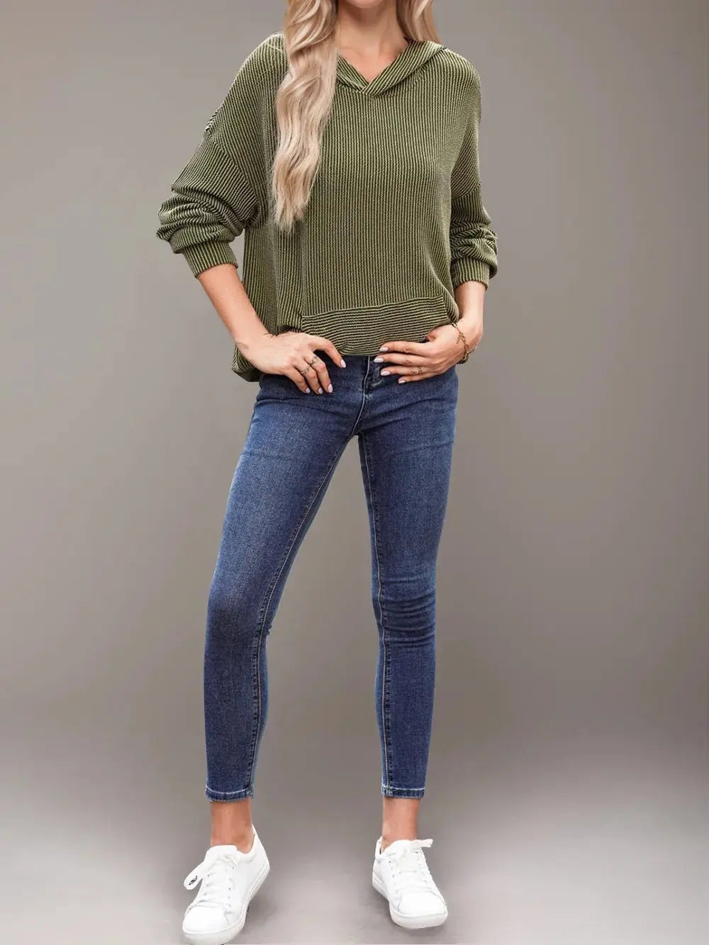 Double Take Textured Kangaroo Pocket Long Sleeve Hoodie - Love Salve