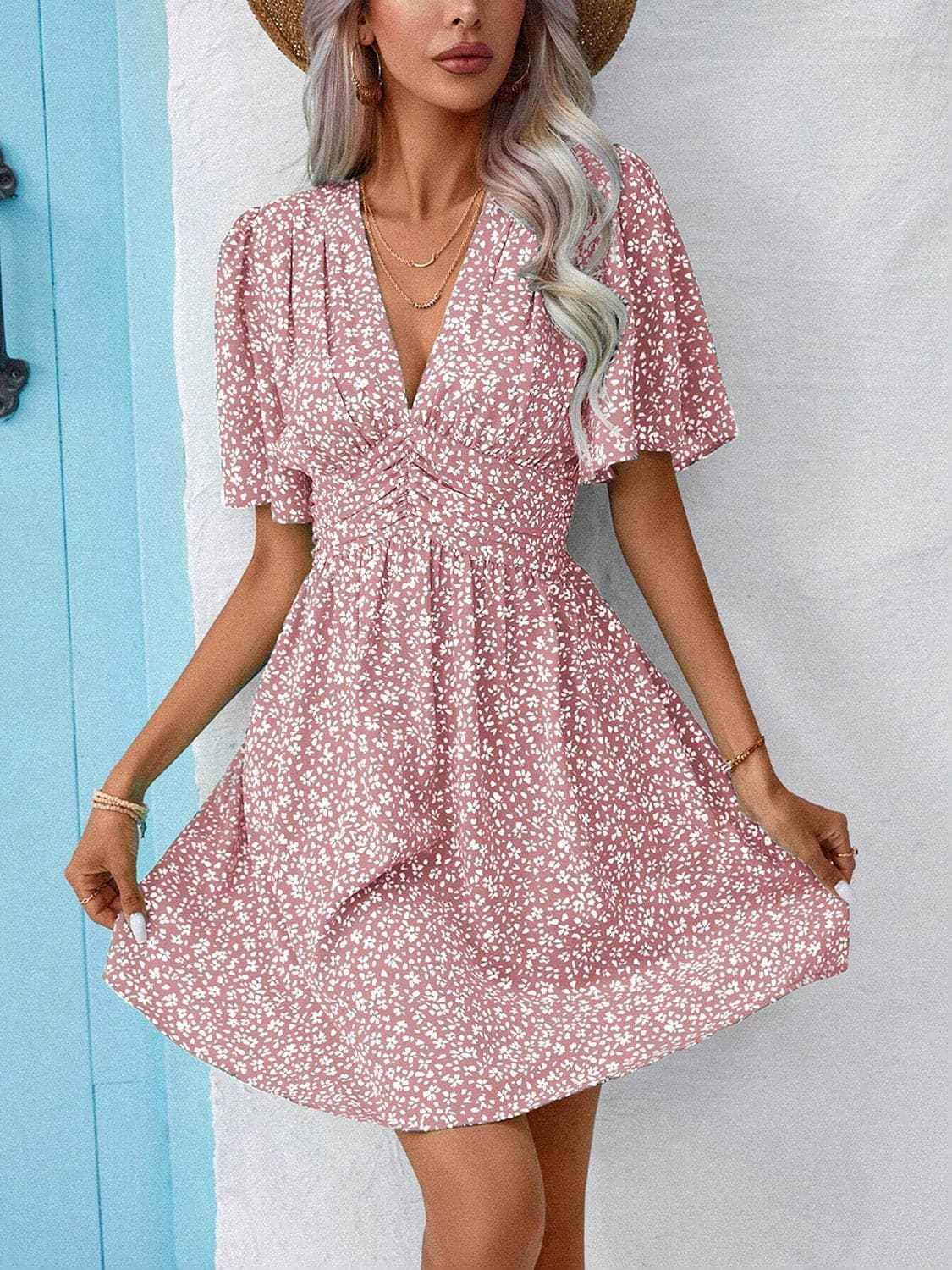 Printed V-Neck Half Sleeve Mini Dress.