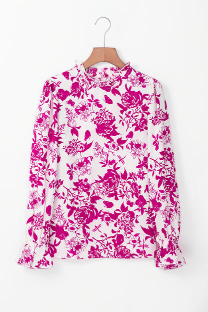 Rose Floral Print Flounce Sleeve Keyhole Back Blouse