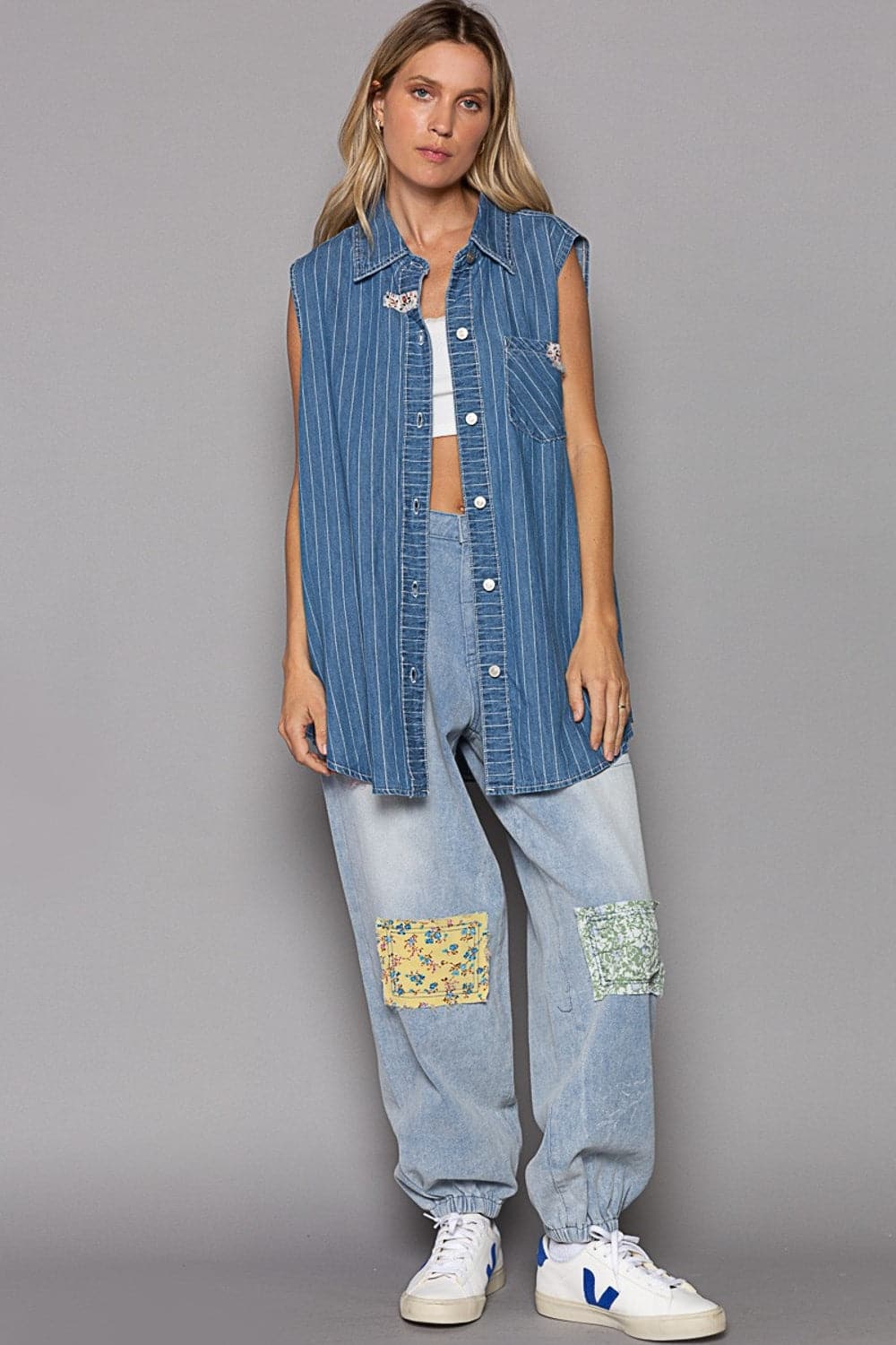 POL Button Down Sleeveless Striped Denim Shirt.