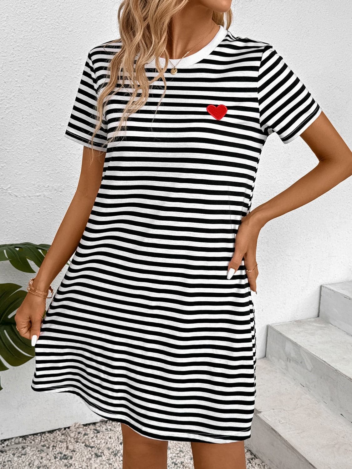 Striped Round Neck Short Sleeve Dress.