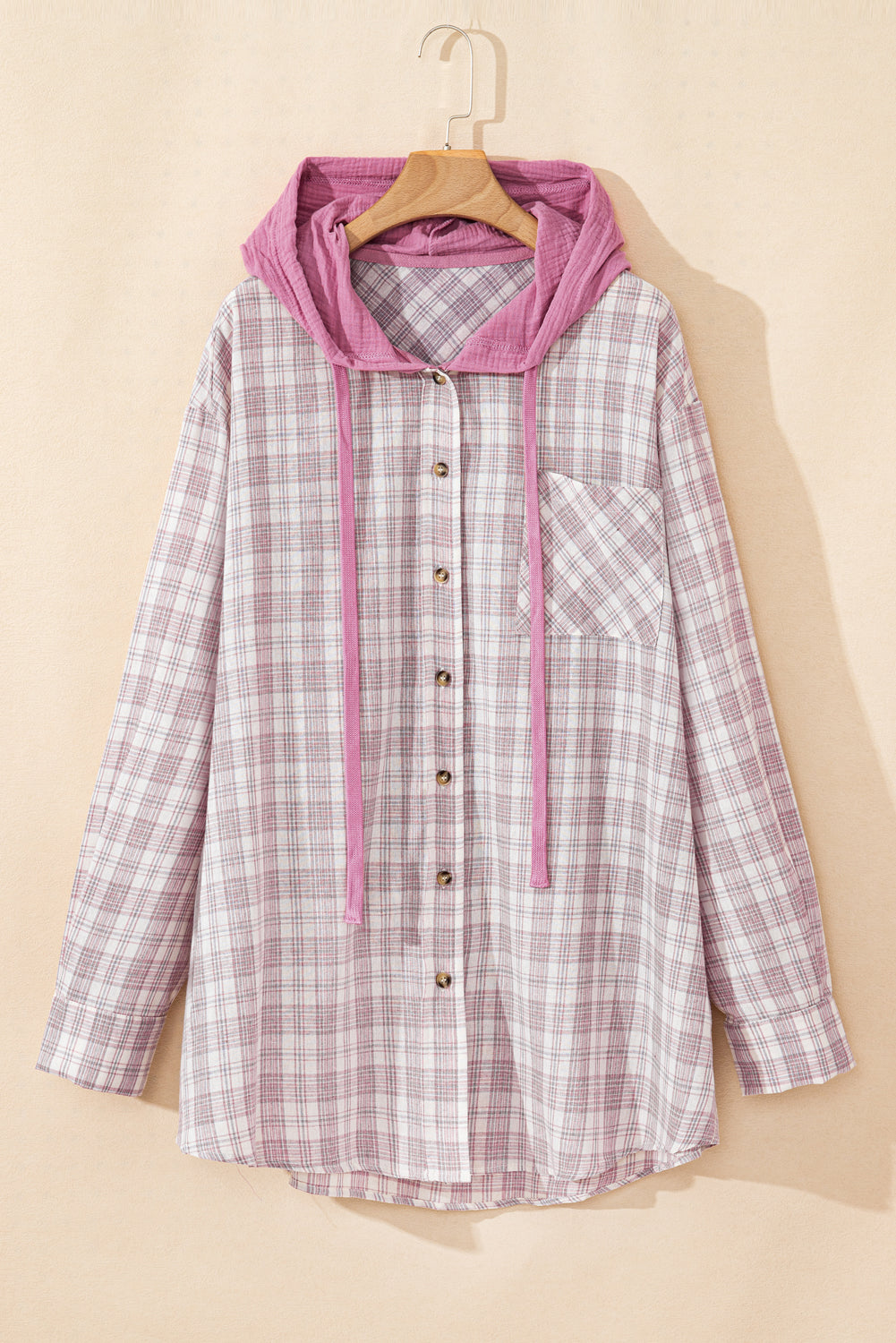 Cozy chic plaid button-up shirt with drawstring hood in plus sizes