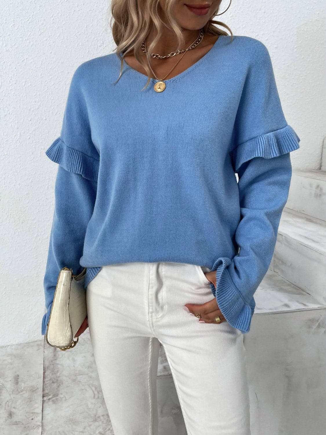 Ruffled V-Neck Dropped Shoulder Sweater.