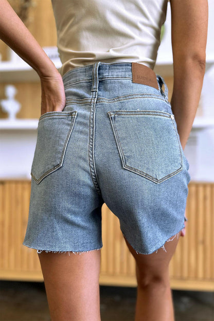 Judy Blue Full Size High Waist Raw Hem Denim Shorts.