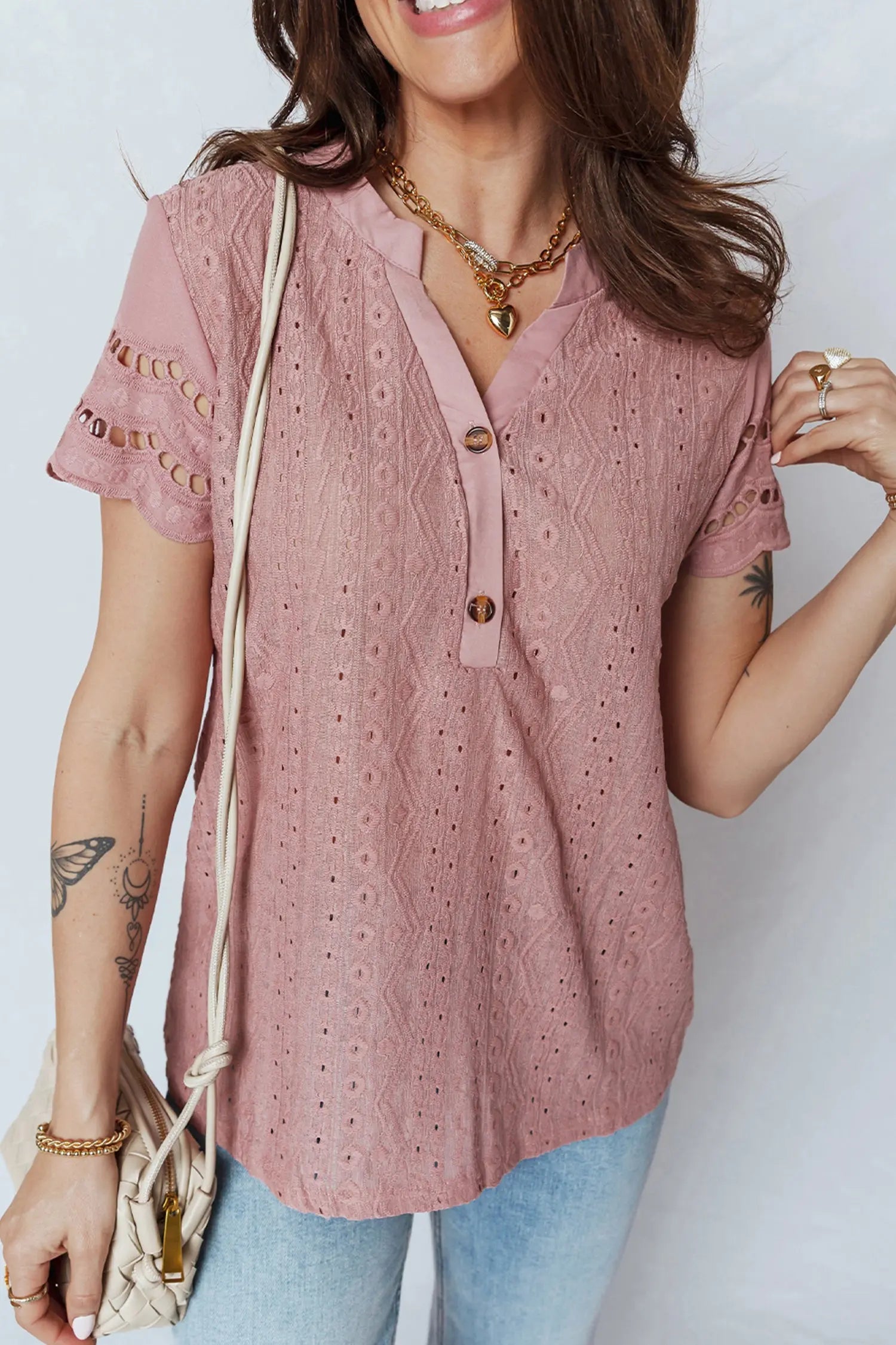 Fuchsia Textured Embroidered Half Buttons Short Sleeve Blouse Dear-Lover Dropshipping