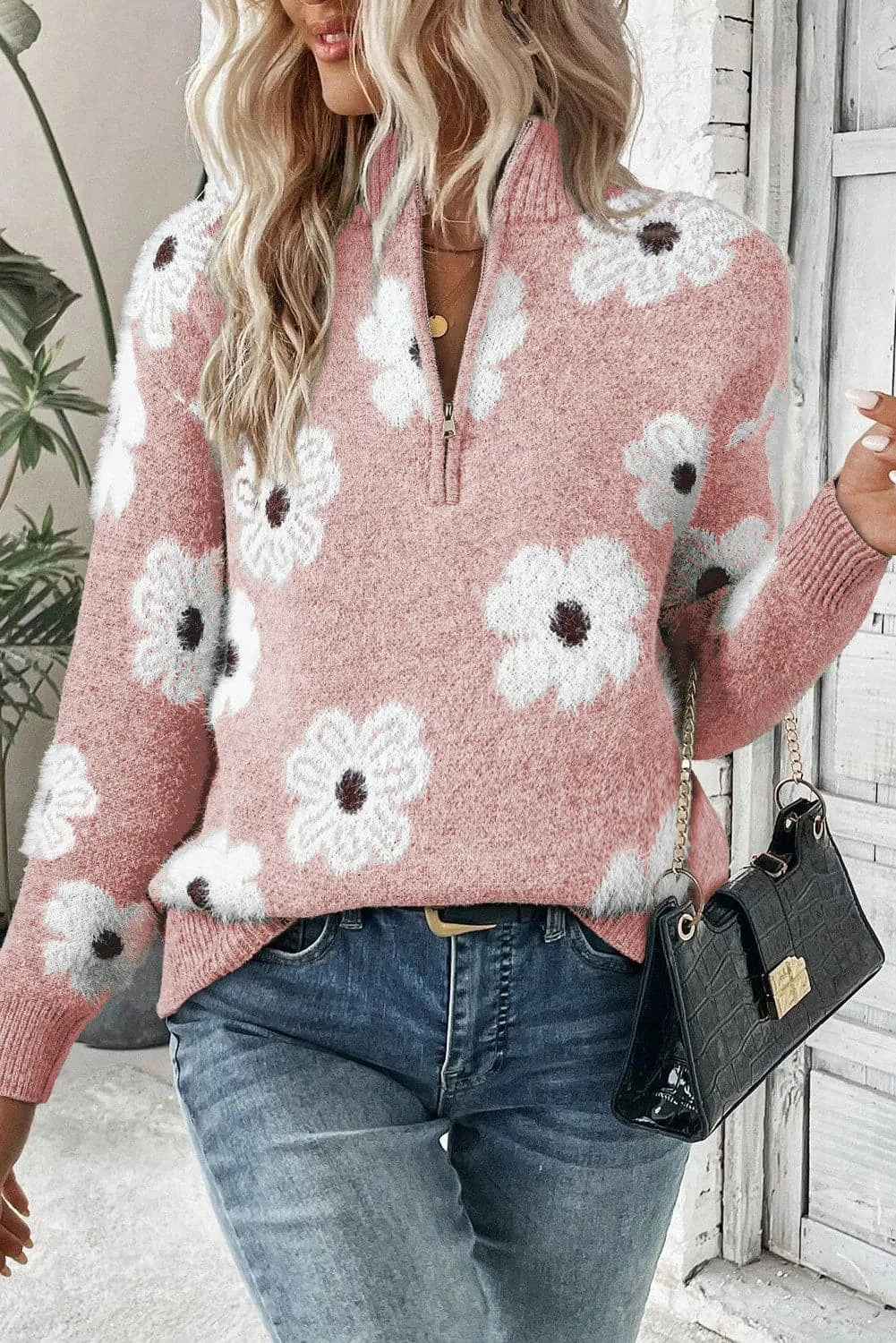 Flower Half Zip Long Sleeve SweaterFeatures: Basic style
Stretch: Slightly stretchy
Material composition: 42% acrylic, 30% polyester, 28% polyamide
Care instructions: Machine wash cold. Tumble dry lowLove Salve Flower Half Zip Long Sleeve Sweaterknit tops