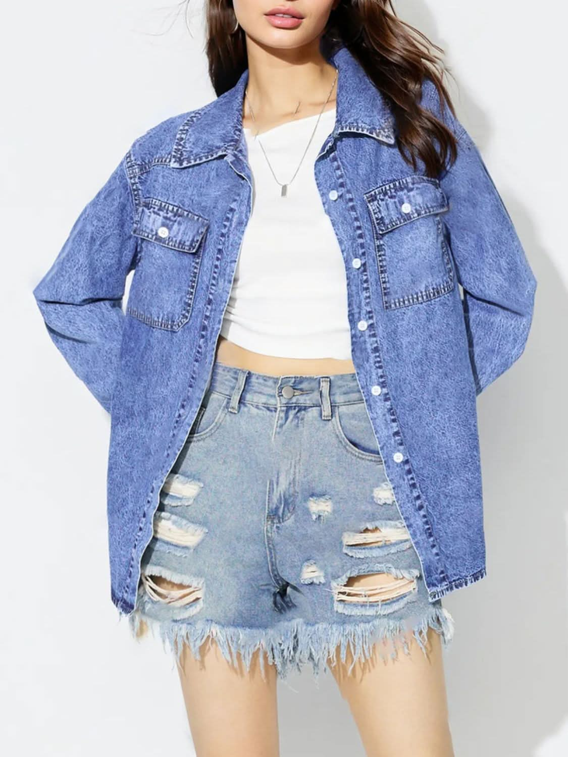 Curved Hem Collared Neck Denim Top