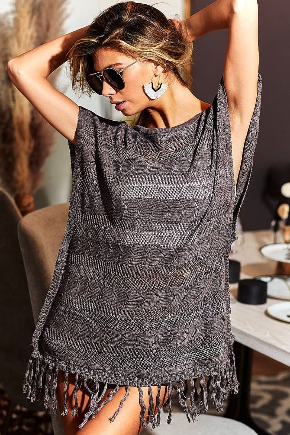 BiBi Fringed Hem Short Sleeve Knit Top.