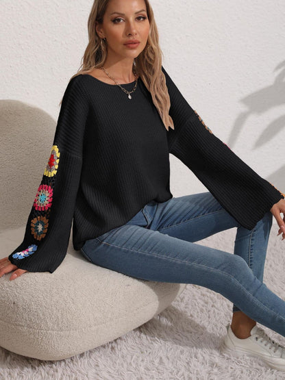 Crochet floral long sleeve knit sweater