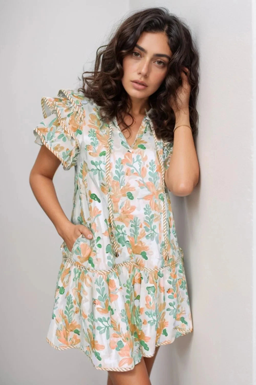 Floral Tie Neck Layered Short Sleeve Dress Simply Love