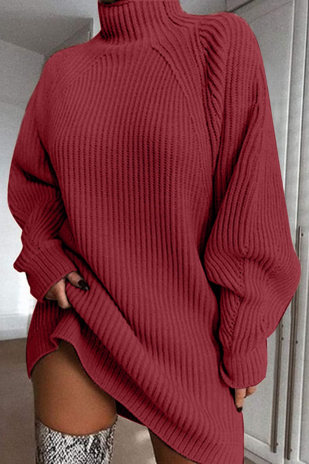 Mock Neck Dropped Shoulder Sweater Dress.