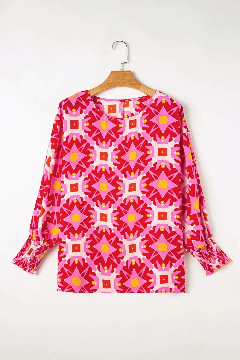 Printed Long Sleeve Blouse with Smocked Cuffs and Round Neck