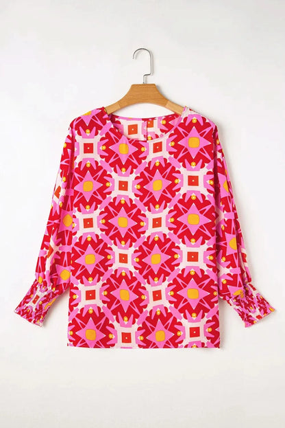 Printed Long Sleeve Blouse with Smocked Cuffs and Round Neck