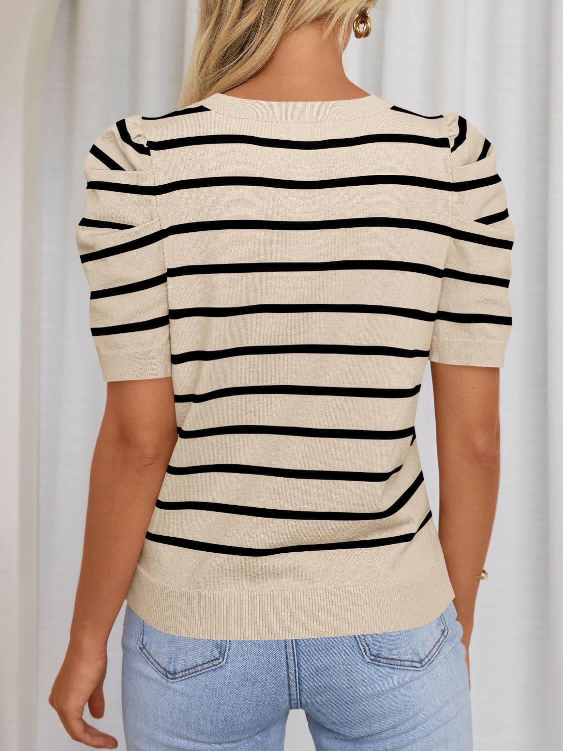 Striped Round Neck Puff Sleeve Knit Top.