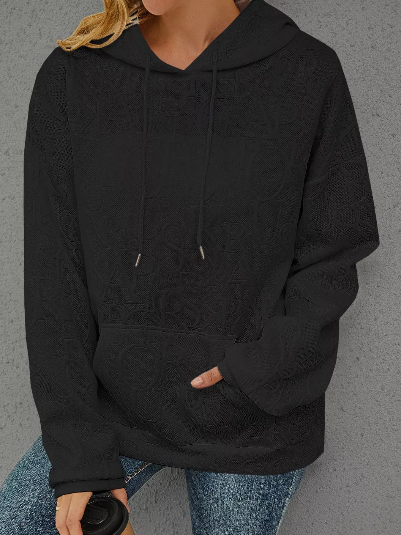 Full Size Embossed Lettering Casual Hoodie Plus Size Simply Love