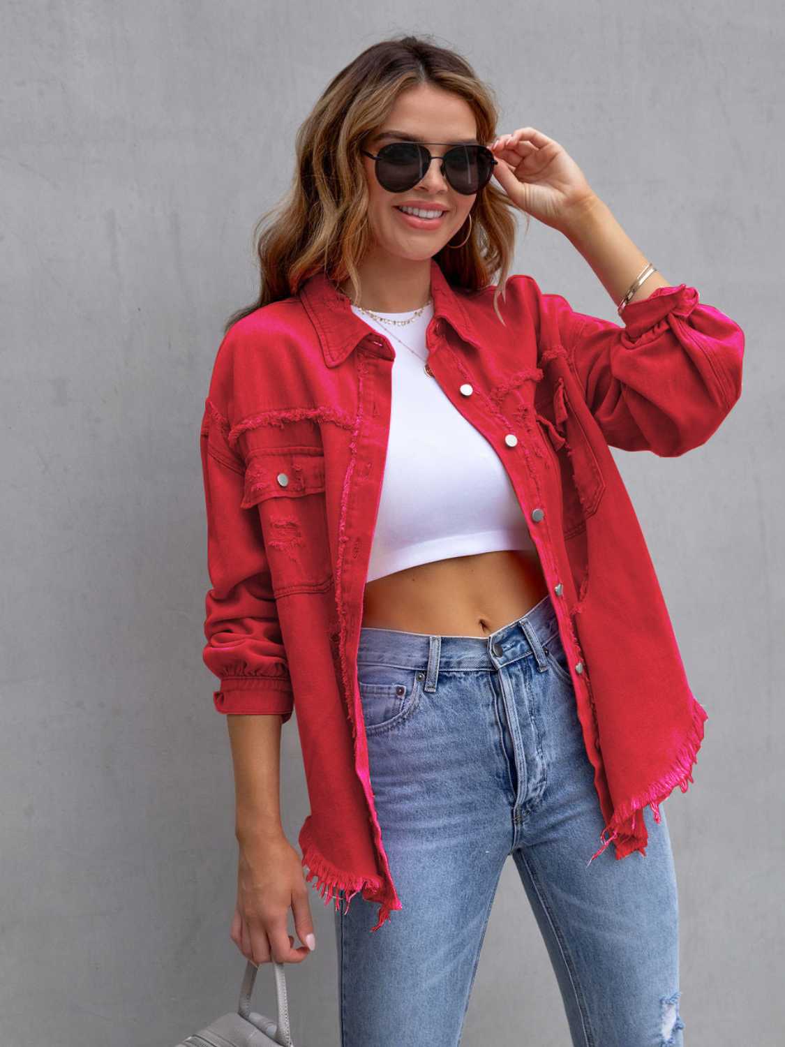 Distressed Drop Shoulder Denim Jacket Coco’s Tee Boutique