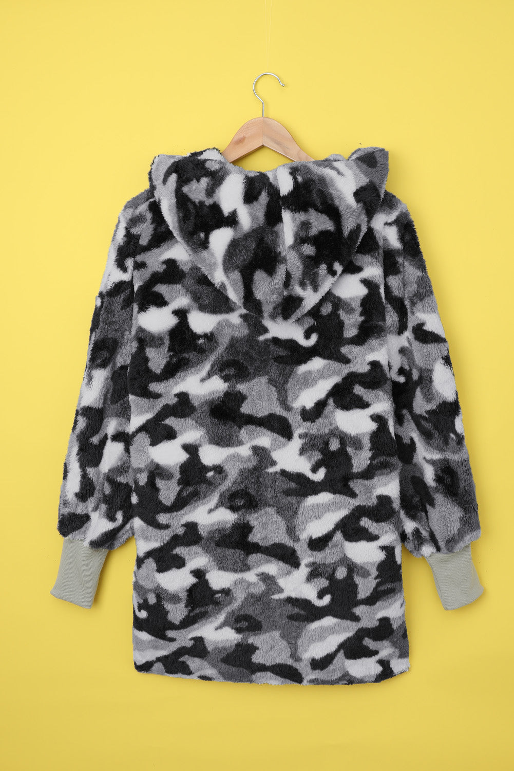 Cozy gray camo fleece hooded coat with open front and pockets