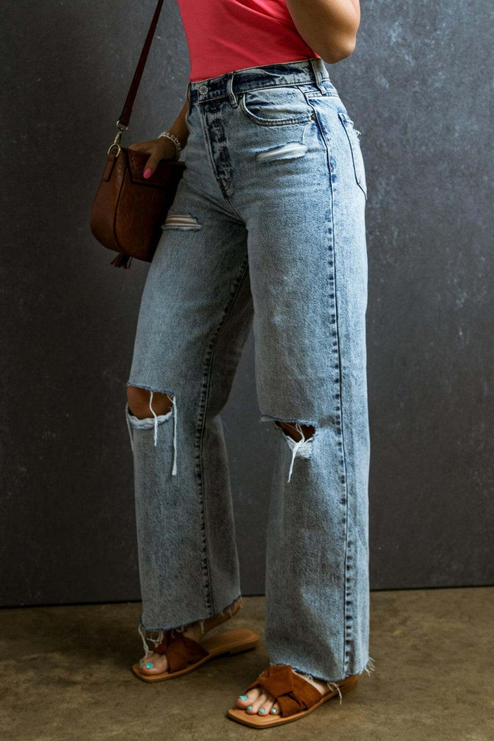 Frayed Edge Straight Leg Denim Jeans.