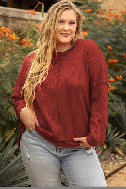 Chic plus size waffle knit top with exposed seam detail