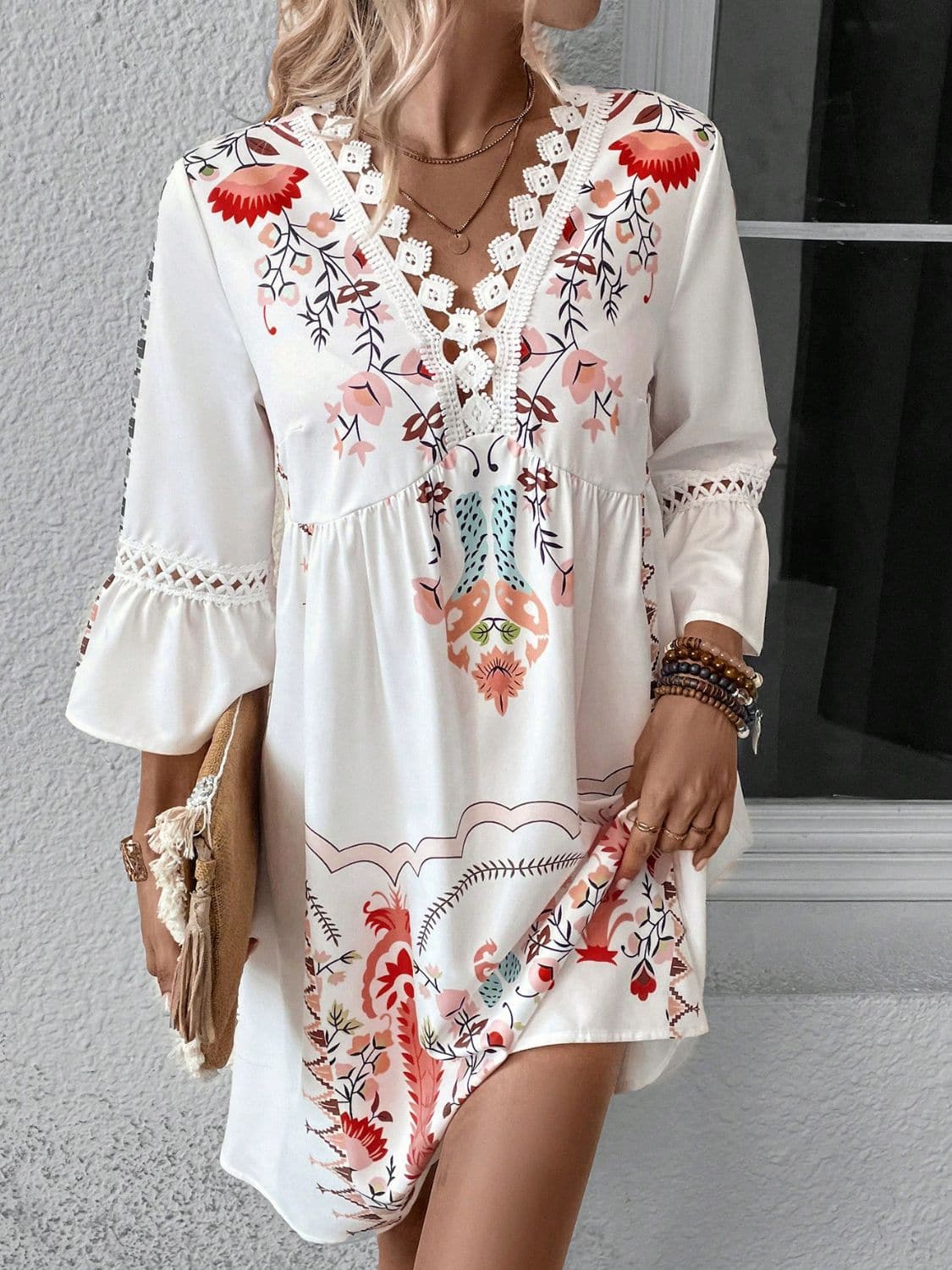 Lace Detail Printed Three-Quarter Sleeve Dress.