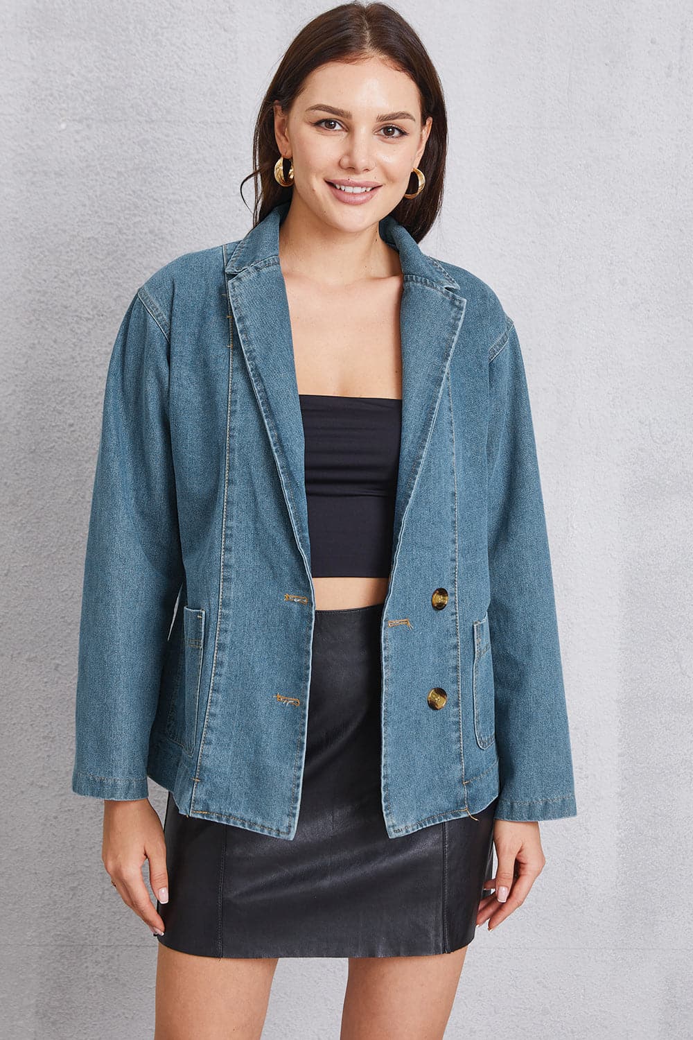 Pocketed Button Up Denim Jacket.