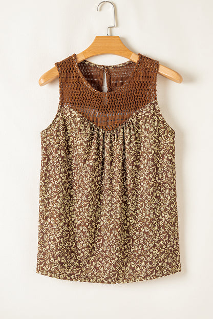 Bohemian Floral Patchwork Brown Sleeveless Flowy Tank Top