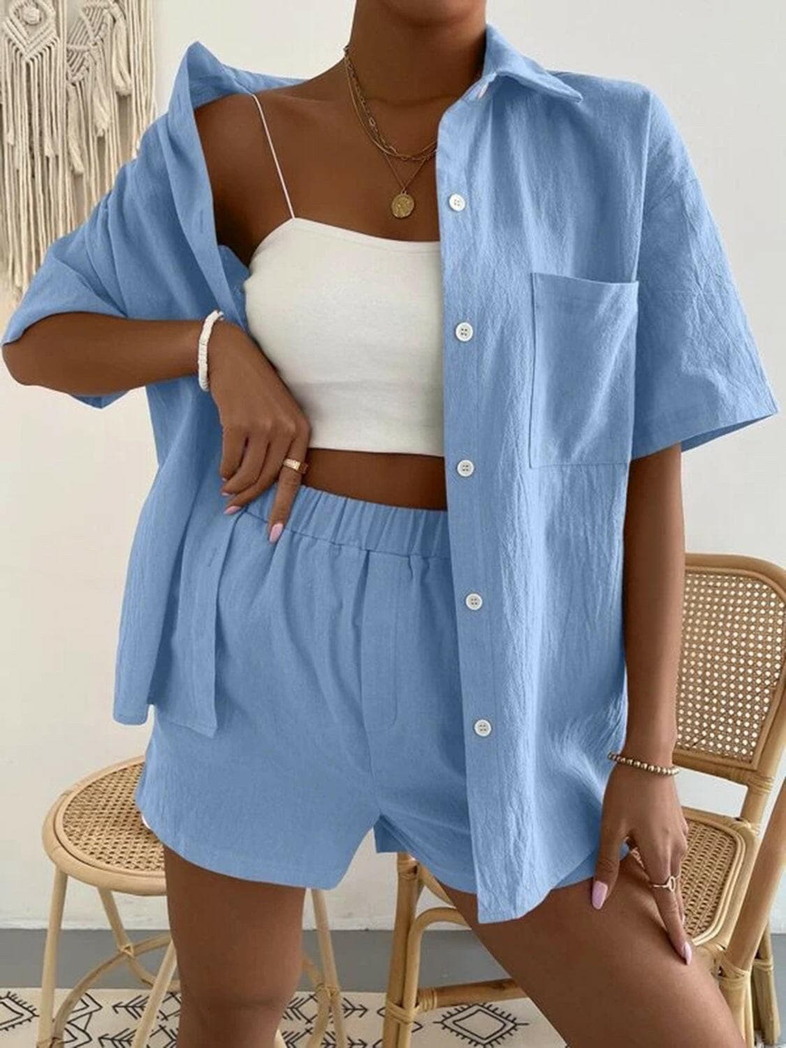 Button Up Short Sleeve Shirt and Shorts Set.