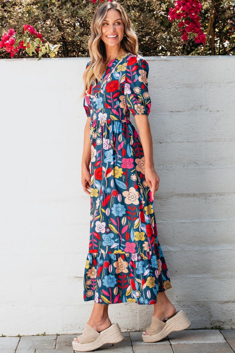 Printed Notched Puff Sleeve Midi Dress.