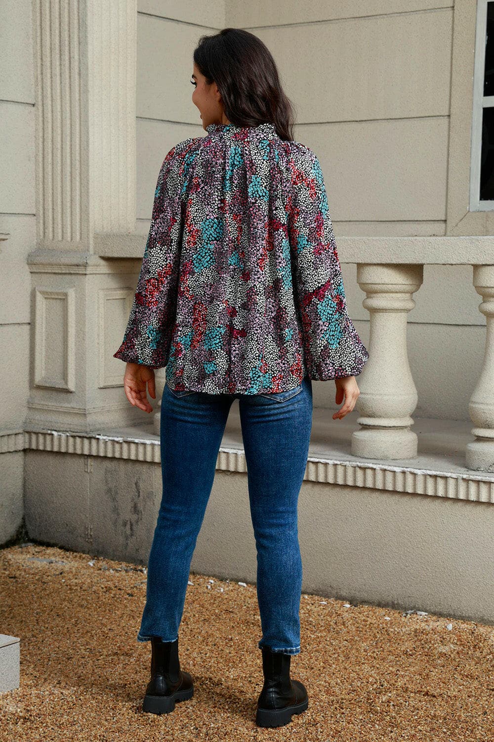 Tie Neck Heathered Balloon Sleeve Blouse.