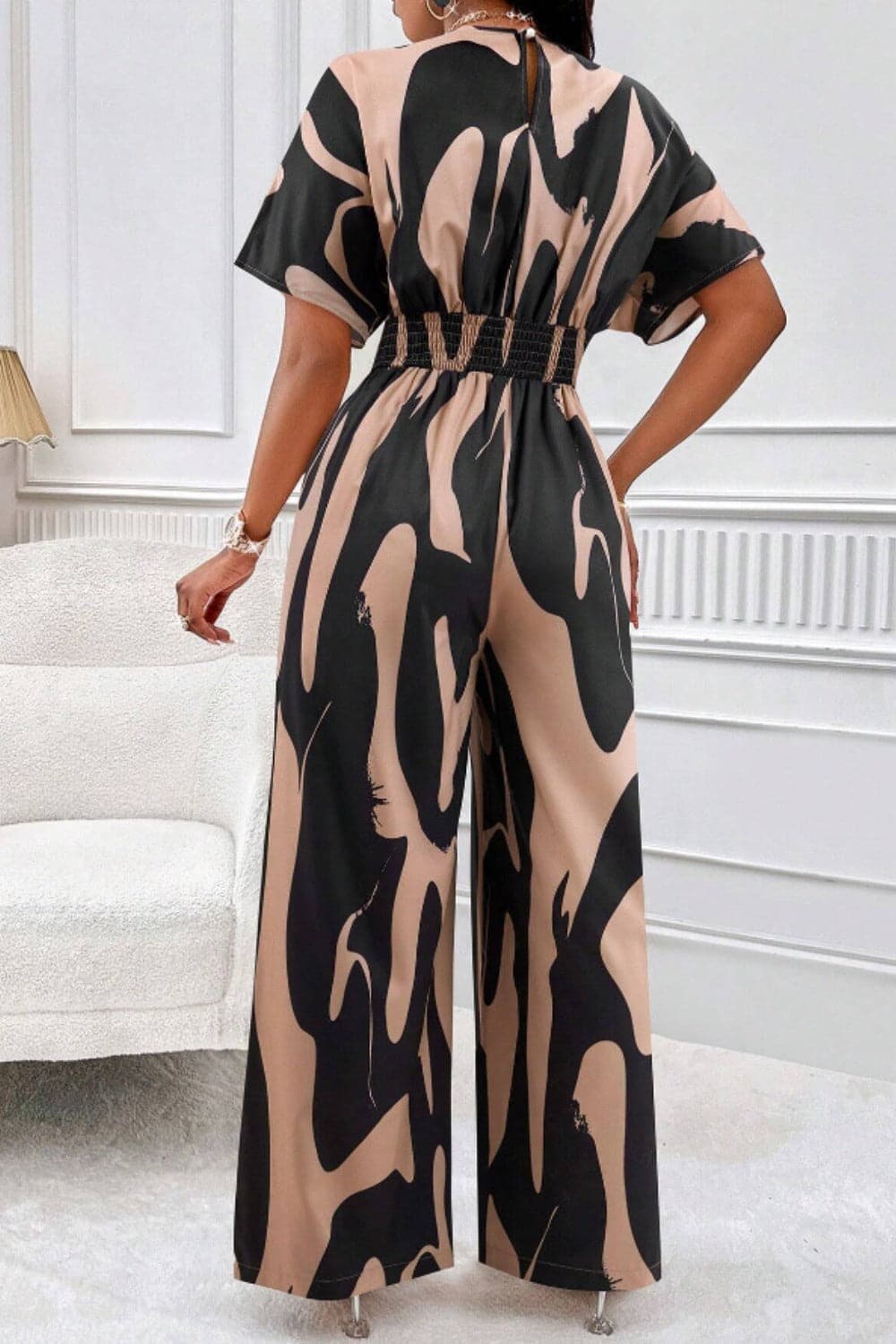 Printed V-Neck Short Sleeve Wide Leg Jumpsuit.