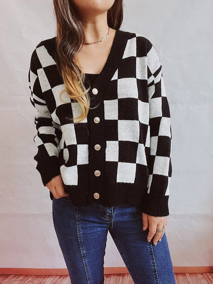 Checkered Open Front Button Up Cardigan.