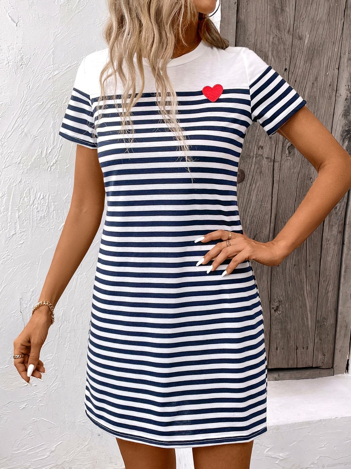 Striped Round Neck Short Sleeve Mini Dress.