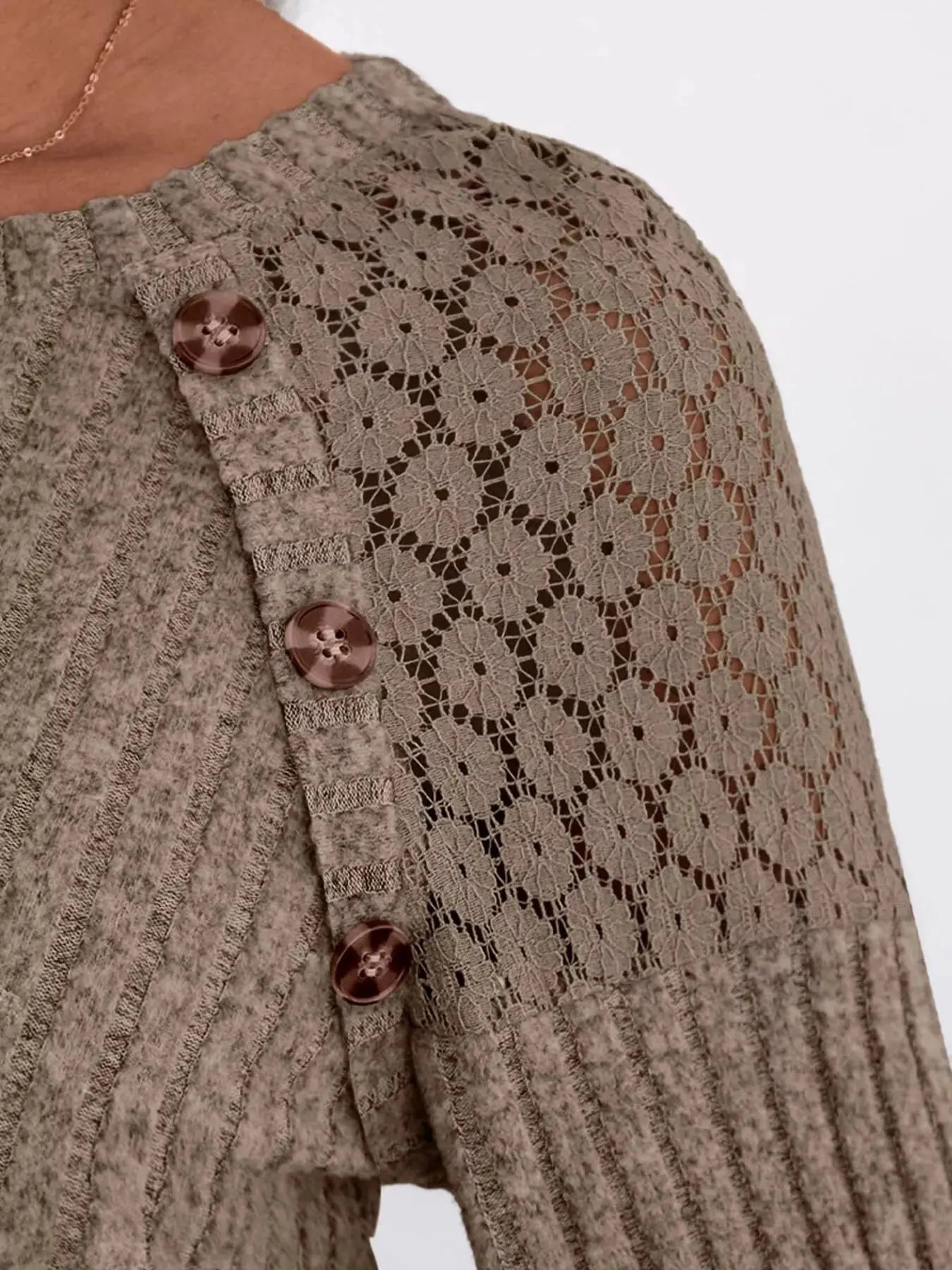Ribbed Knit T-Shirt with Lace Shoulder Detail Simply Love