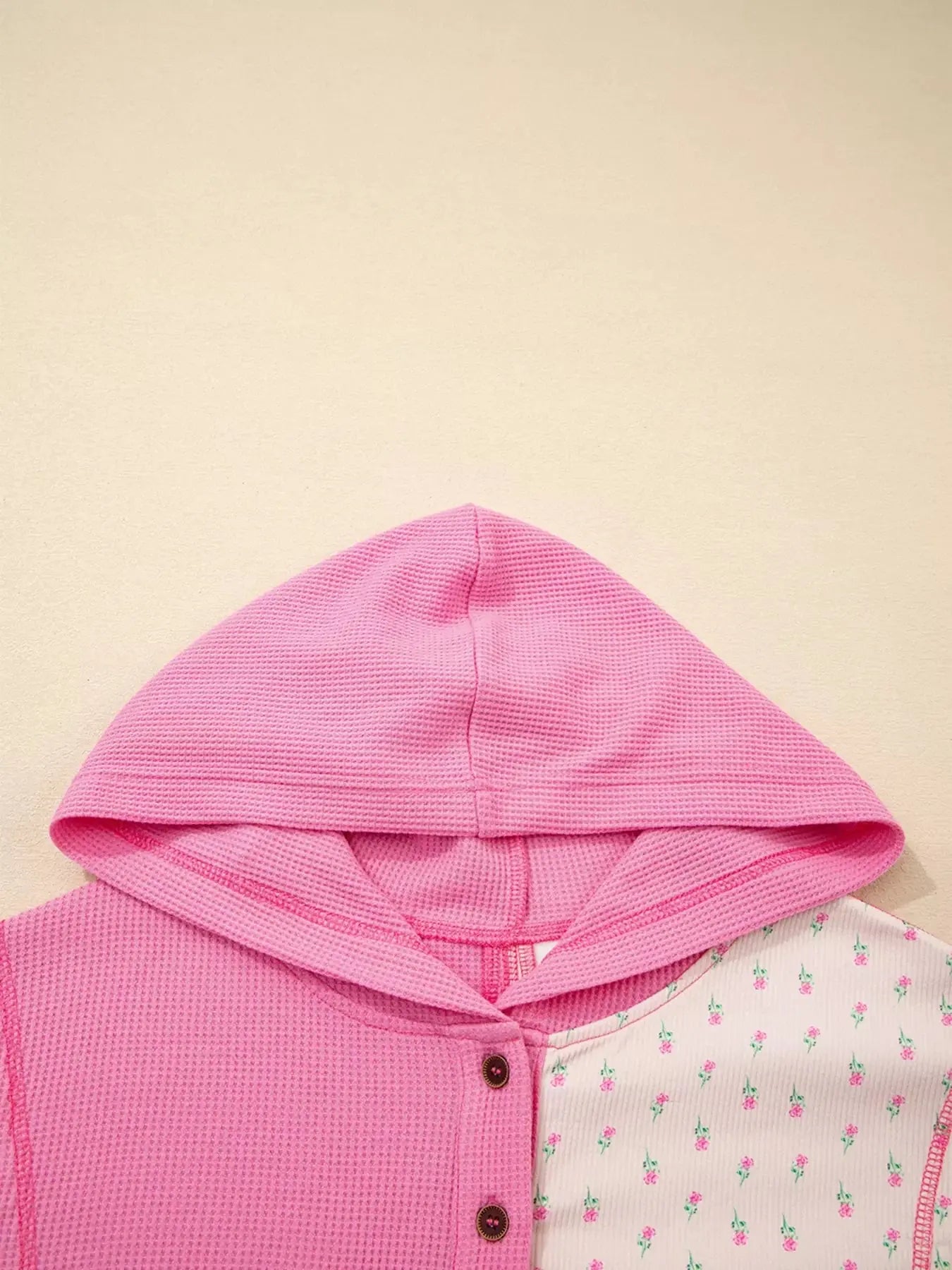 Mixed Texture Waffle Floral Patchwork Hooded Oversize Pullover Simply Love