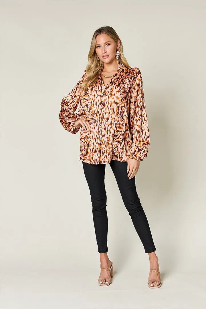 Double Take Full Size Printed Ruffle Trim Balloon Sleeve Shirt - Love Salve