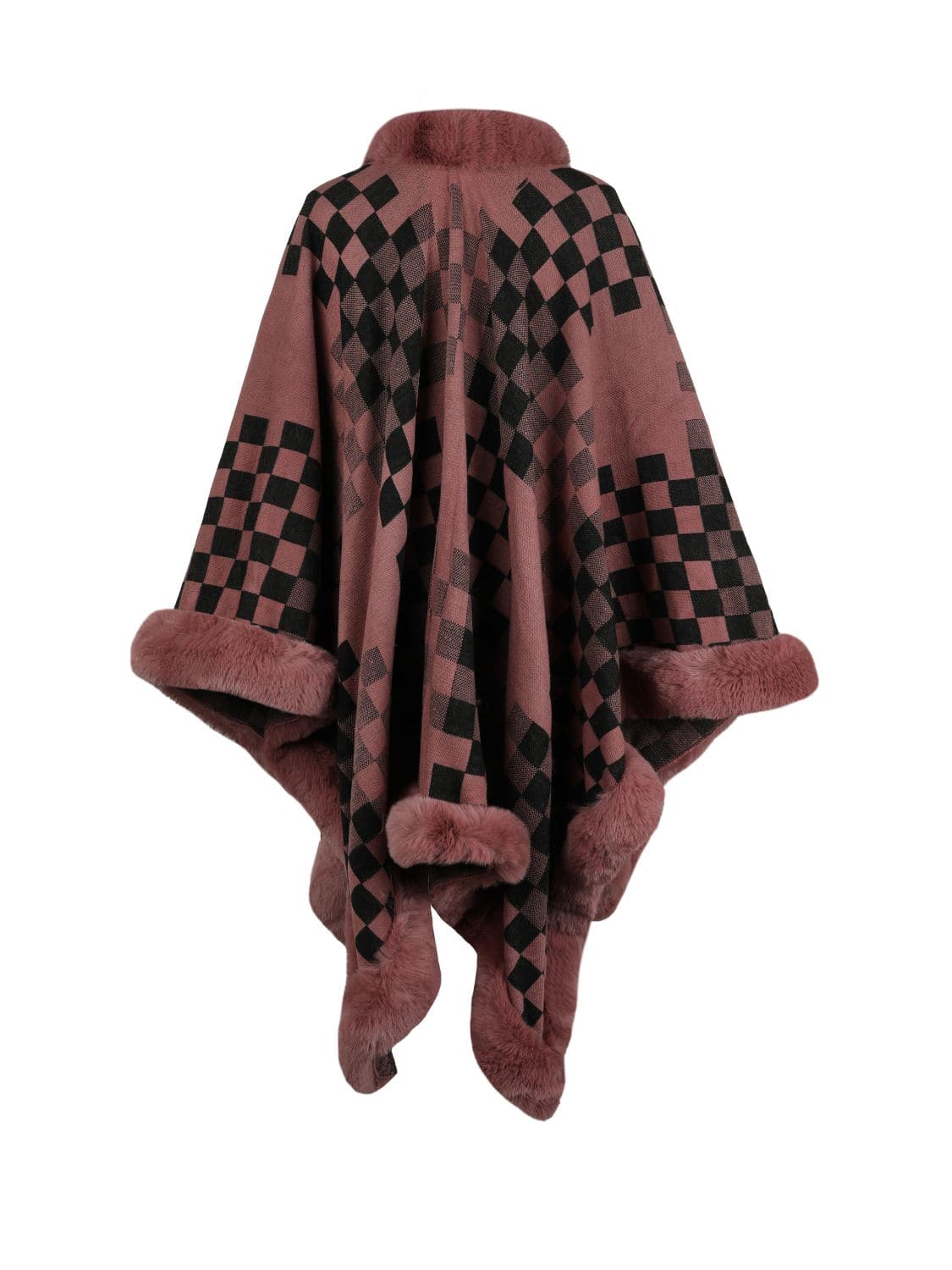 Checkered Faux Fur Trim Poncho.