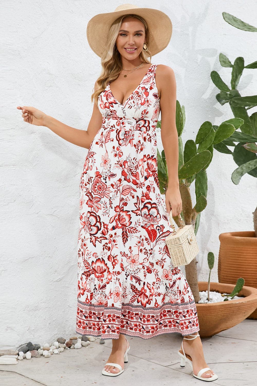 Printed V-Neck Wide Strap Dress.